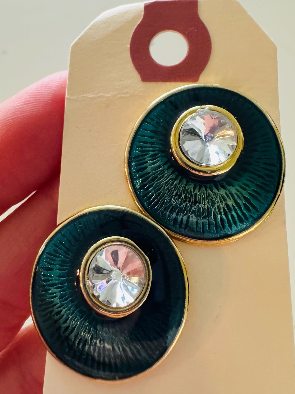 Emerald Green Enamel Button Earrings with Clear Crystal Centers